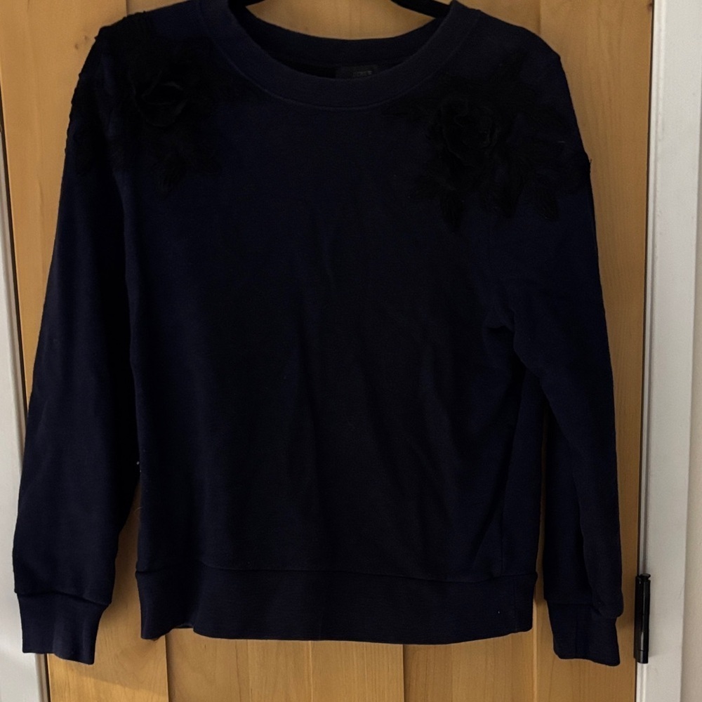 J. Crew Black Top with Black floral Embroidery